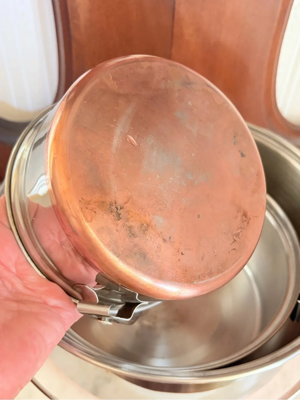 1960's Full Set Nesting Camping Cookware Stainless / Copper Bottom And Handle